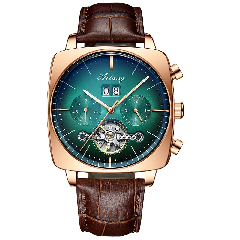 A man's chronograph watch featuring a green dial, rose gold casing, and a brown leather strap.