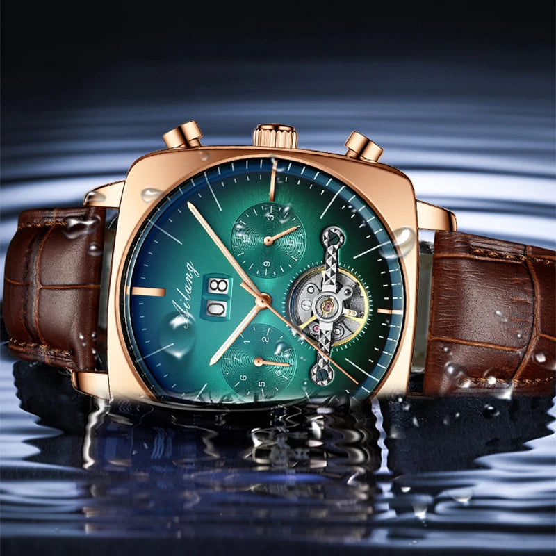 A man's chronograph watch , partially emerged in water, with a green dial, rose gold casing and brown leather strap