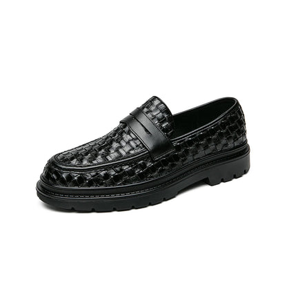 One  black men's woven loafer with black sole.