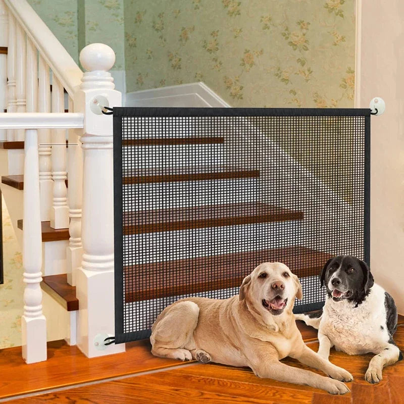 Two dogs laying in front of a mesh safety gate mounted to prevent access to a staircase.