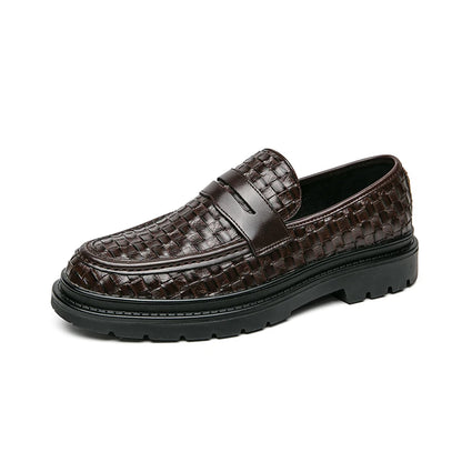 One brown men's woven loafer with black sole.